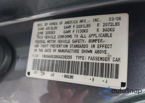 2006 Acura Tl from USA, damaged, VIN 19UUA66286A039255